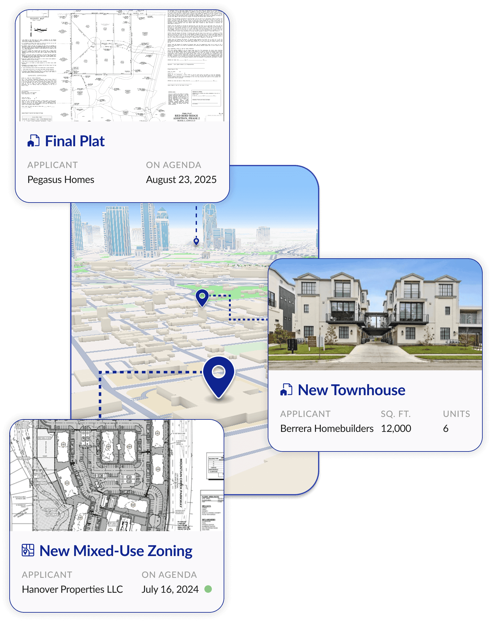 Planning records — final plats, new townhouses, and rezonings mapped across North Texas